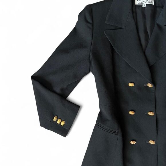 Black Vintage 80’s/90s Double-Breasted Wool Blazer Dress W/ Gold Button Accents - Picture 4 of 8